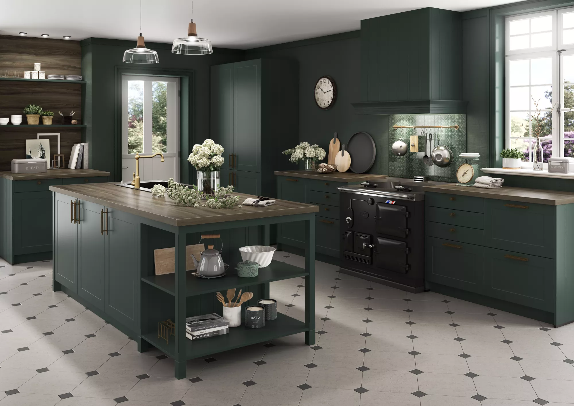 Küchenidee: Gemütliche Landhausküche in Grün mit Kassettenfronten und Holz-Arbeitsplatte, Kontor Penzlin.