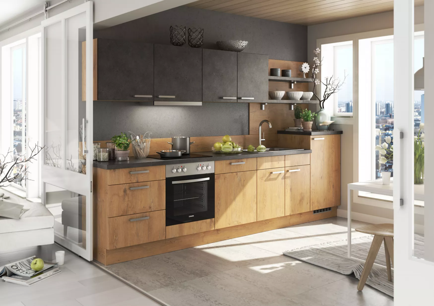 Küchenidee: Raumsparende Kompaktküche mit cleveren Stauraumlösungen und ausziehbaren Elementen, Kontor Penzlin.